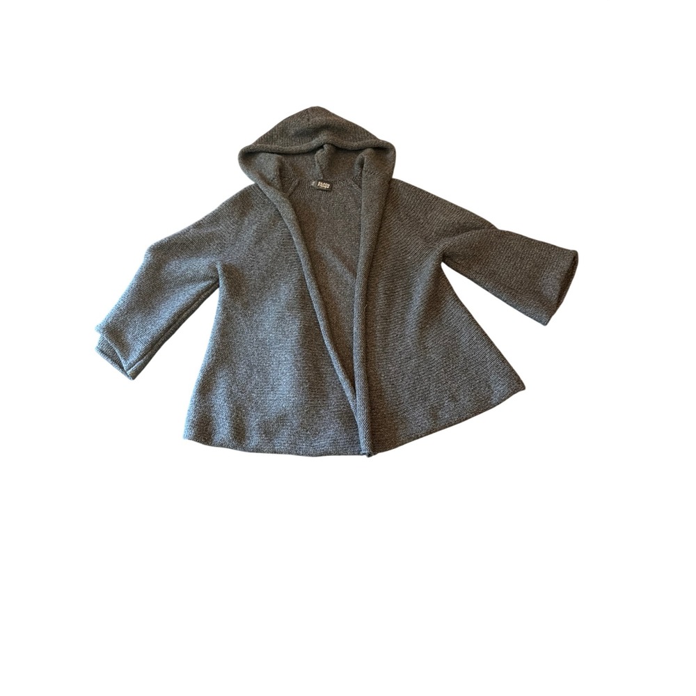 Eileen Fisher Cardigan Gray 100% Cashmere Hooded Open Front Petite 3/4 Sleeve
